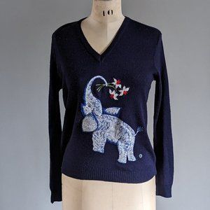 Vintage Embroidered Navy V-Neck Sweater with Elephant Holding Flower Novelty